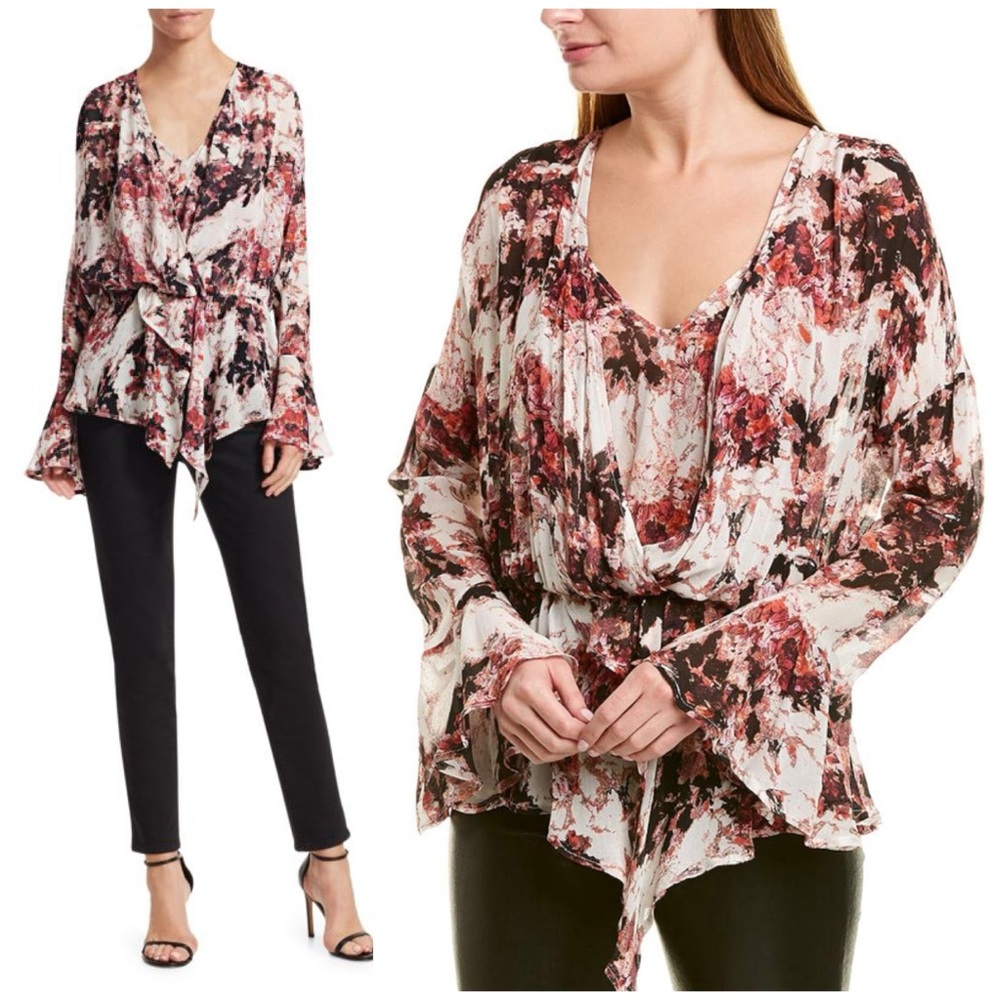 IRO Red Black Floral Bell Sleeve V-Neck Viscose Blouse Size 44 / Large 12